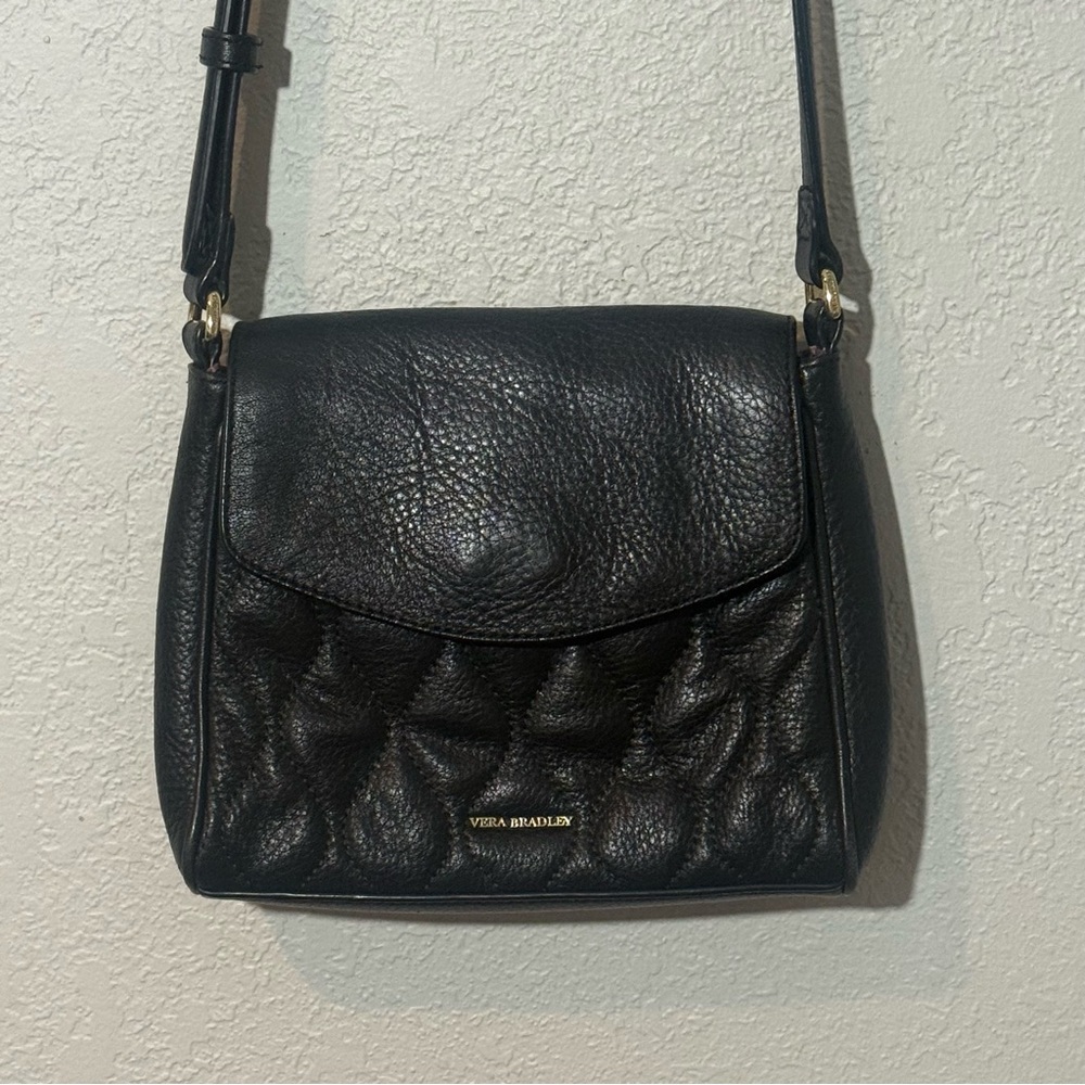 Vera Bradley Black Leather Quilted Sarah Crossbody EUC.